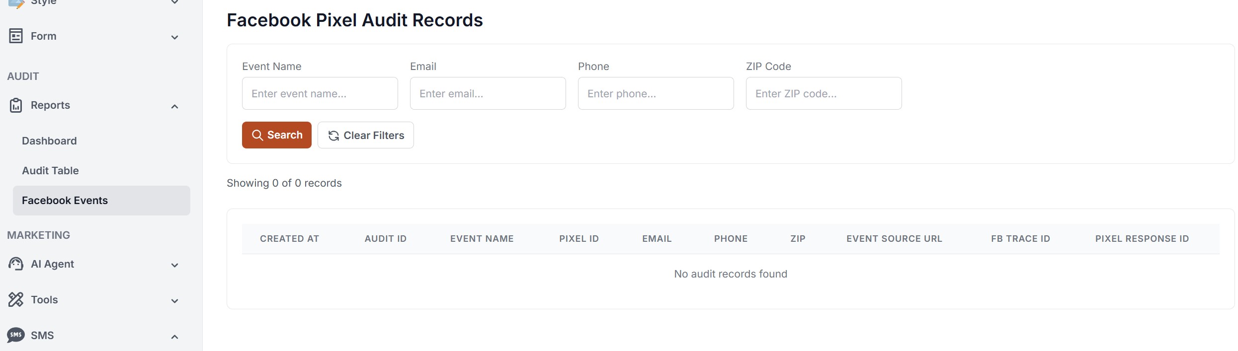 Facebook Events audit table showing searchable records with Event Name, Email, Phone, and ZIP code filters