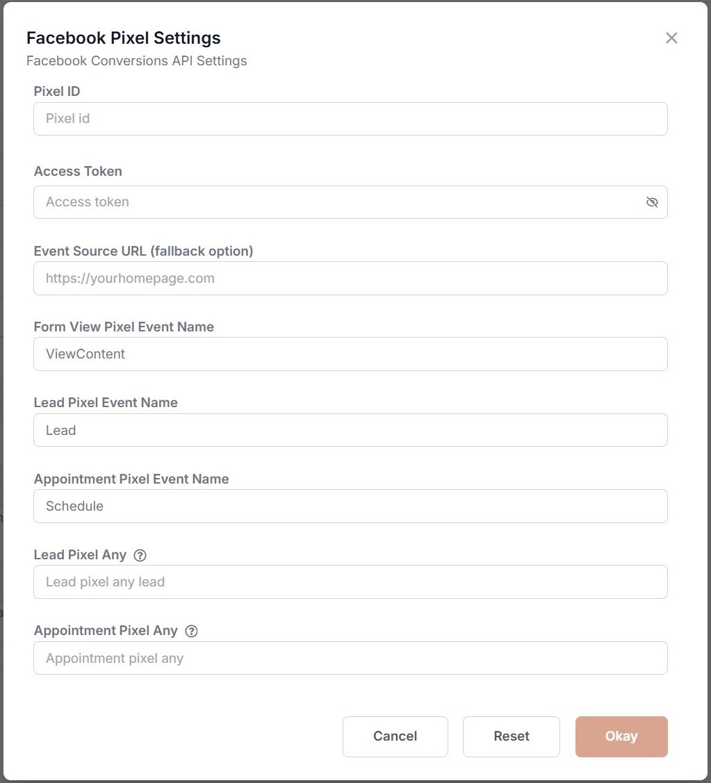Facebook CRM settings popup modal with configuration fields