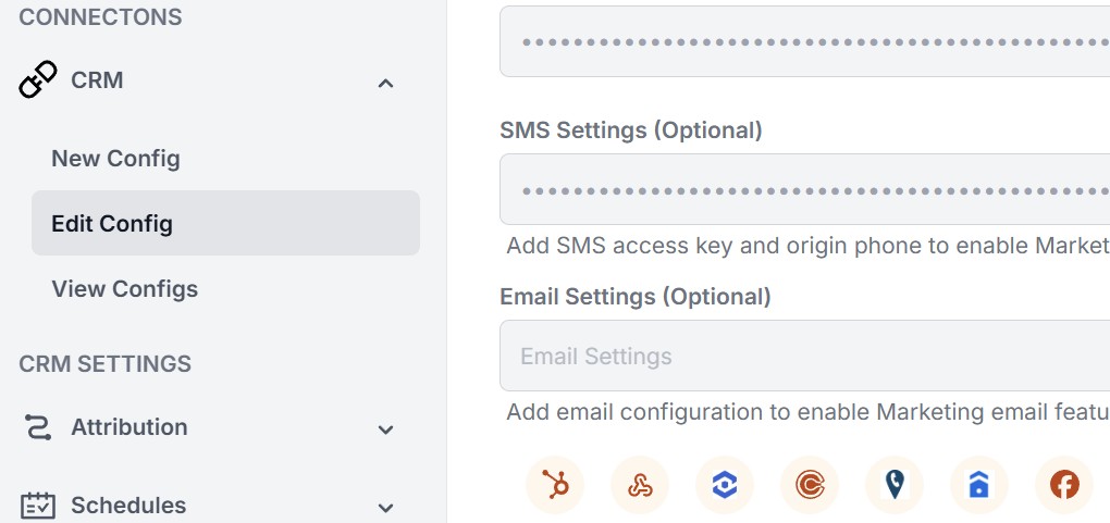 image showing where the Facebook Conversion settings button is on the Edit Config page for the CRM